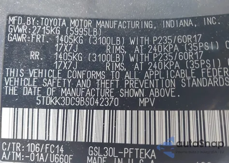 2011 Toyota Sienna Le V6/Le V6 Auto Access Seat from USA, damaged, VIN 5TDKK3DC9BS042370
